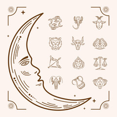 Wall Mural - moon and zodiac astrology icons