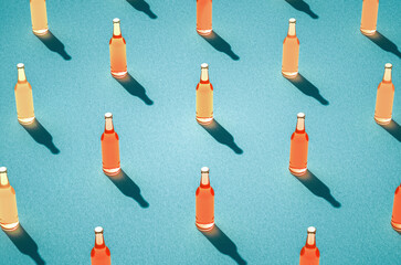 Leinwandbilder - Several beer bottles with long shadows on light blue background.