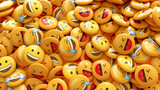 Fototapeta  - 3d rendering of a bunch of yellow emojis laughing and smiling