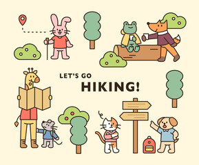 Wall Mural - animal hiking poster. cute animals are traveling through the forest. flat design style minimal vecto