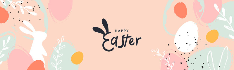 Wall Mural - Happy Easter banner. Trendy Easter design with typography, hand painted strokes and dots, eggs and bunny in pastel colors. Modern minimal style. Horizontal poster, greeting card, header for website