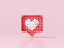 Like Heart Icon On A Pink Background. Pixel Art Like Symbol For Social Media Concept. 3d Render Illustration