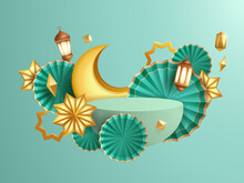 3D Illustration Of Classic Teal Muslim Islamic Festival Theme Product Display Background With Crescent Moon And Islamic Decorations.