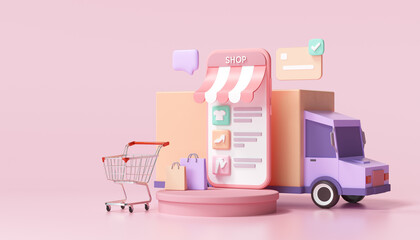 Poster - shopping online application on smartphone, online mobile shopping and delivery for web page template