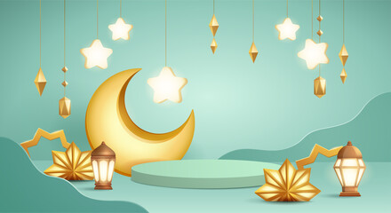 Wall Mural - 3D illustration of classic teal Muslim Islamic festival theme product display background with crescent moon and Islamic decorations.