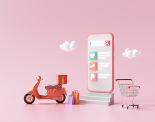 Poster - 3D Minimal online shopping on smartphone application service, digital marketing, online buying, and online payment concept. 3d banner background.
