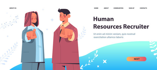 Wall Mural - hr managers choosing lucky applicant pointing fingers at camera vacancy open recruitment human resources concept copy space horizontal portrait vector illustration