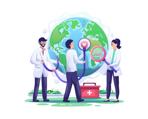 Wall Mural - Doctors check the health world globe with a stethoscope in the order of world health day