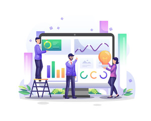 Fototapete - Data Analysis concept with character people on computer screen analyzes charts and graphic data visualization vector illustration