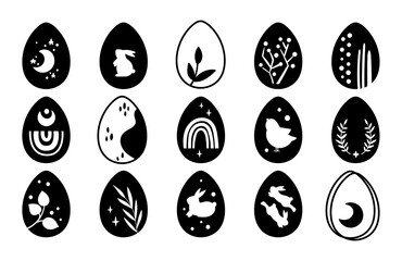 Wall Mural - Easter Eggs kids clipart set, boho Easter eggs with ornament, black and white silhouettes, cute isolated elements on white, cartoon vector illustration