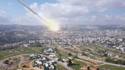 Wall Mural - asteroid meteor impact over large city, jerusalem, aerial ,drone view of meteor attack with explosio