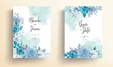 Modern Wedding Invitation Card With Blue Flowers 