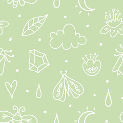 Wall Mural - Spring seamless pattern. Vector abstract background with outline nature elements. Kids pattern for nursery. Childish scandinavian pattern.