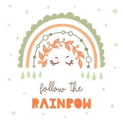 Wall Mural - Kids poster with rainbow, drops and quote follow the rainbow. Cute pastel baby print for nursery. Vector card design. Spring childish postcard in scandinavian style.