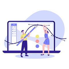 A man and a woman draw vector graphics with a pen tool in a graphics editor. Concept for vector illustrator, graphic designer. Illustration in flat cartoon style.