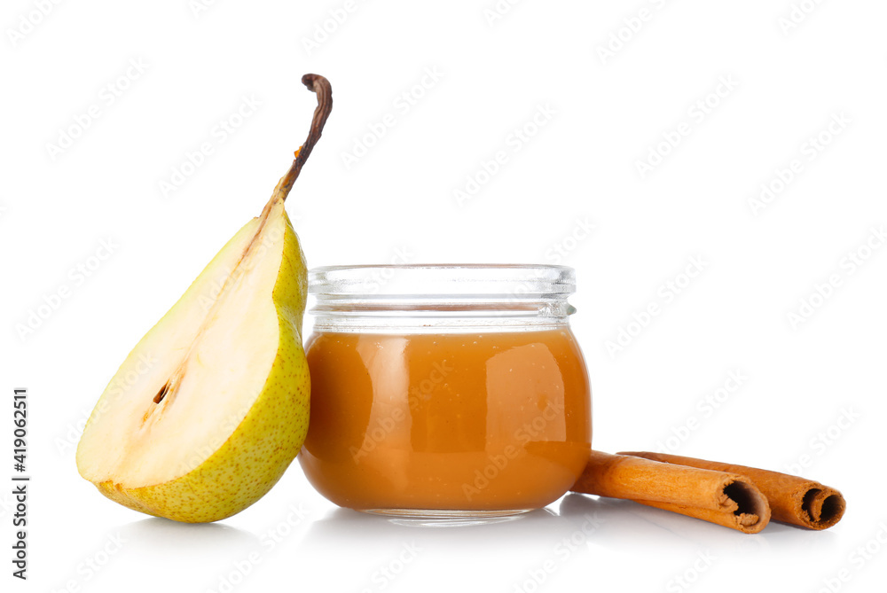 Jar of tasty pear jam on white background