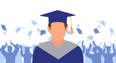 Wall Mural - Man graduate in mantle and academic square cap on background of cheerful crowd of graduates throwing their academic square caps. Graduation ceremony. Vector illustration