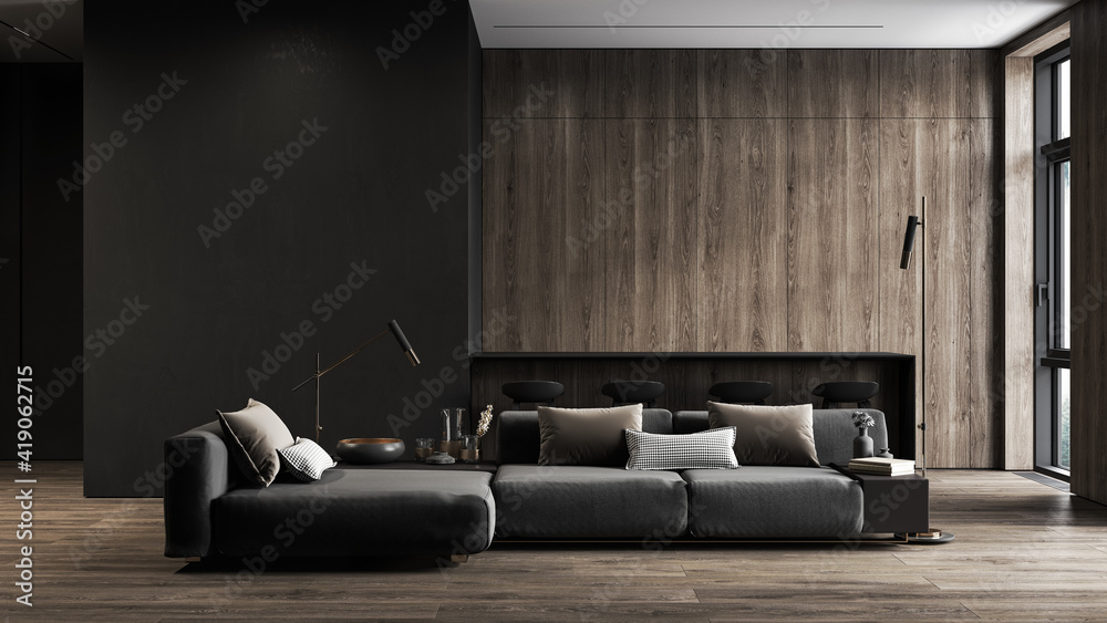 Modern, black minimalist interior with kitchen, sofa, wood floor, wall panels and marble kitchen island. 3d render illustration mock up. - obrazy, fototapety, plakaty 