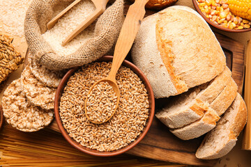 Different cereals and bread, closeup