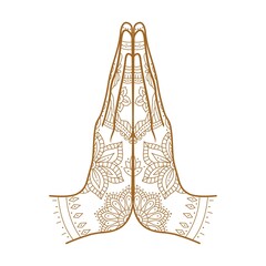 Mudra Namaste. Ornate hands folded in a welcome gesture. Mehendi - henna ornament on body. Vector illustration