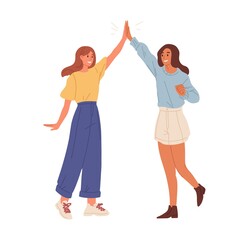 Happy people giving high five. Friends greeting or supporting each other. Informal hi gesture. Concept of friendship, partnership and success. Flat vector illustration isolated on white background