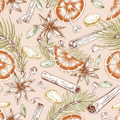Poster - Seamless pattern with winter Christmas spices. Endless repeatable design with pine branches, cinnamon sticks, cardamom seeds, cloves, aniseed, orange and ginger pieces. Drawn vector illustration