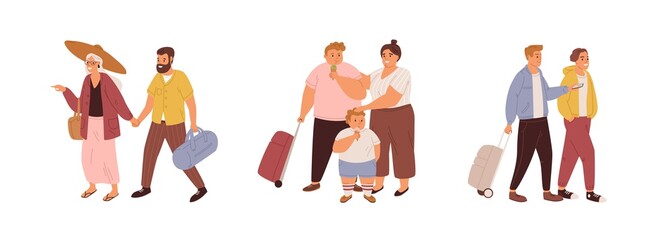 Wall Mural - set of tourists traveling with luggage. families, couples and friends with suitcases isolated on whi