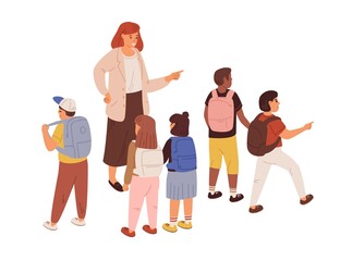 Poster - Young teacher with diverse children. Female educator with school students isolated on white background. Adult woman, schoolgirls and schoolboys. Colored flat cartoon vector illustration