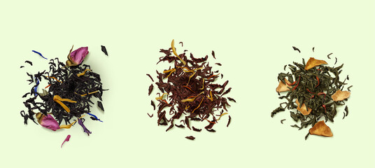 Wall Mural - Tea heaps top view, assortment of dry leaves and flowers isolated on background. Red, green, black herbal dried fresh beverages. Healthy, organic drink, Realistic 3d vector illustration, set