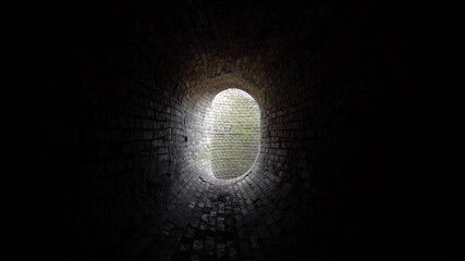 Wall Mural - old abandoned oval brick tunnel of the 19th century in the day. dollying-in view.