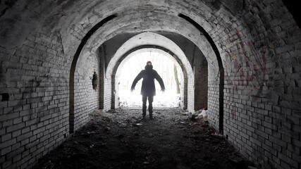 Wall Mural - terrible silhouette of a man with two burning lights on his head, with outstretched arms at the entr