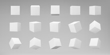 White 3d Modeling Cubes Set With Perspective Isolated On Grey Background. Render A Rotating 3d Box In Perspective With Lighting And Shadow. Realistic Vector Icon