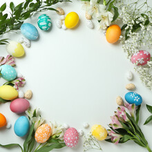 Easter Eggs And Beautiful Flowers On White Background, Space For Text