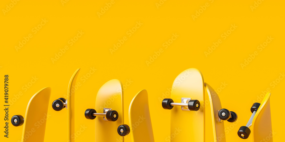 Yellow skateboard or skating surf board on vibrant color background with extreme lifestyle. 3D rendering. - obrazy, fototapety, plakaty 