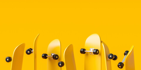 yellow skateboard or skating surf board on vibrant color background with extreme lifestyle. 3d rende