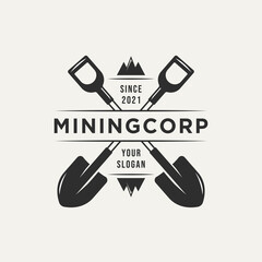 mining corp and two crossed shovel vintage logo template vector. retro classic mining, miner logo concept