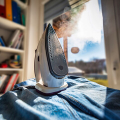 Steam iron on ironing board at home