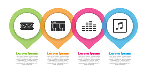 Set Drum, Music synthesizer, Music equalizer and Music note, tone. Business infographic template. Vector.