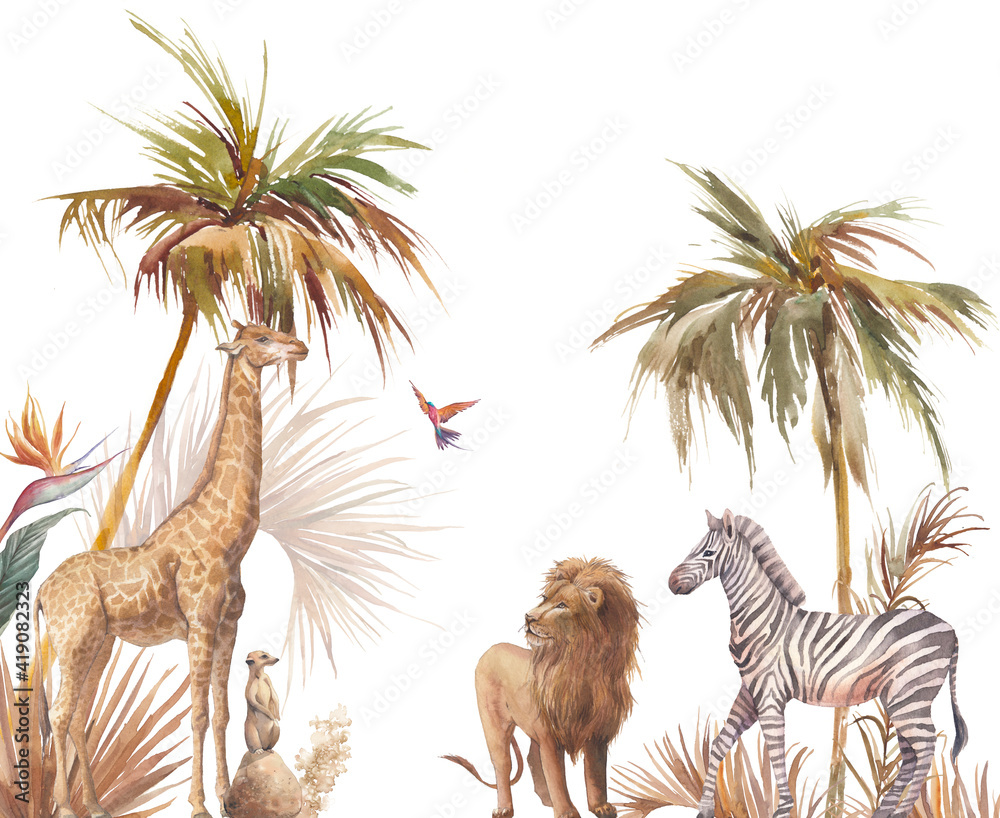 Safari wildlife wallpaper. Illustration with zebra, lion and giraffe. Watercolor animal and jungle flora on white background. - obrazy, fototapety, plakaty 