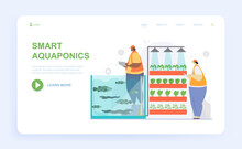 Male And Female Characters Are Working On Aquaponics Together. Man And Woman Producing Food By Connecting Aquaculture And Hydroponics. Website, Web Page, Landing Page Template. Vector Illustration