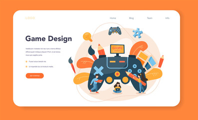 Poster - game designer web banner or landing page. creative process