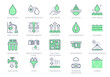 Rainwater harvesting line icons. Vector illustration include icon - osmotic filter, electrodialysis, evaporate, drop outline pictogram for water cleansing. Green Color, Editable Stroke