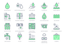 Rainwater Harvesting Line Icons. Vector Illustration Include Icon - Osmotic Filter, Electrodialysis, Evaporate, Drop Outline Pictogram For Water Cleansing. Green Color, Editable Stroke