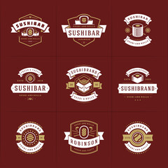 Wall Mural - Sushi restaurant logos and badges set japanese food with sushi salmon rolls silhouettes vector illustration