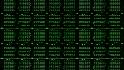 Abstract graphics technology background in green - blocks of binary code arranged as a square grid on black background - 3D Illustration