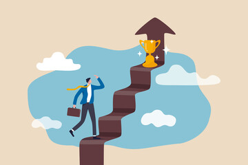 Business success, goal and achievement concept, businessman walking up staircase with rising arrow into high sky to find winning trophy at the final top section.