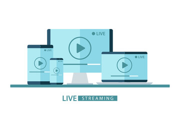 Poster - Video player window live streaming. Desktop computer, laptop, tablet and smartphone with play button on screen. Vector illustration for online broadcast, streaming service. 