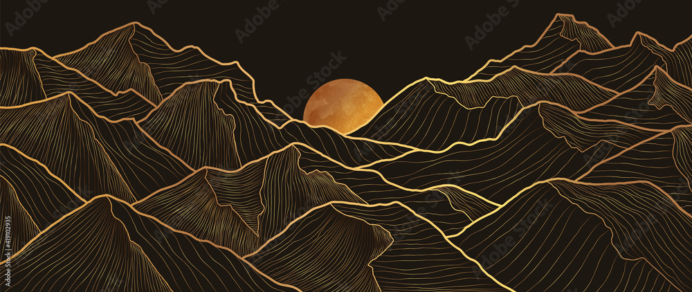 Mountain line art background, luxury gold wallpaper design for cover, invitation background, packaging design, wall art and print. Vector illustration. - obrazy, fototapety, plakaty 