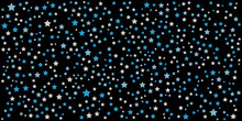 Blue White Star Pattern Background. Shining Stars In Night Blue Background. Stars On Dark Blue Sky. Vector Illustration. 