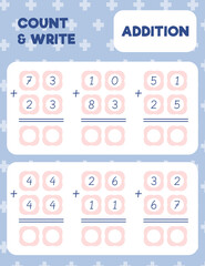 Math worksheet practice print page. Double digit addition. Column method. Count and write.